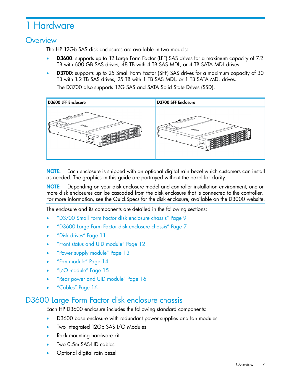 1 hardware, Overview, D3600 large form factor disk enclosure chassis | HP D3000 Disk Enclosures User Manual | Page 7 / 69