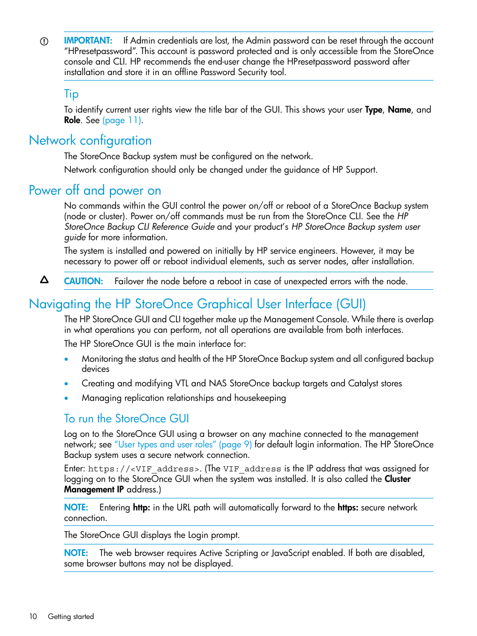 Network configuration, Power off and power on | HP StoreOnce Backup User Manual | Page 10 / 220