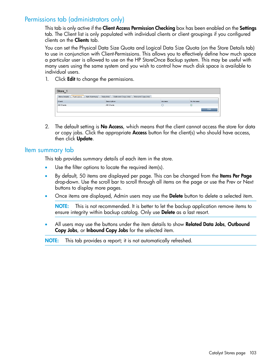 Permissions tab (administrators only), Item summary tab | HP StoreOnce Backup User Manual | Page 103 / 220