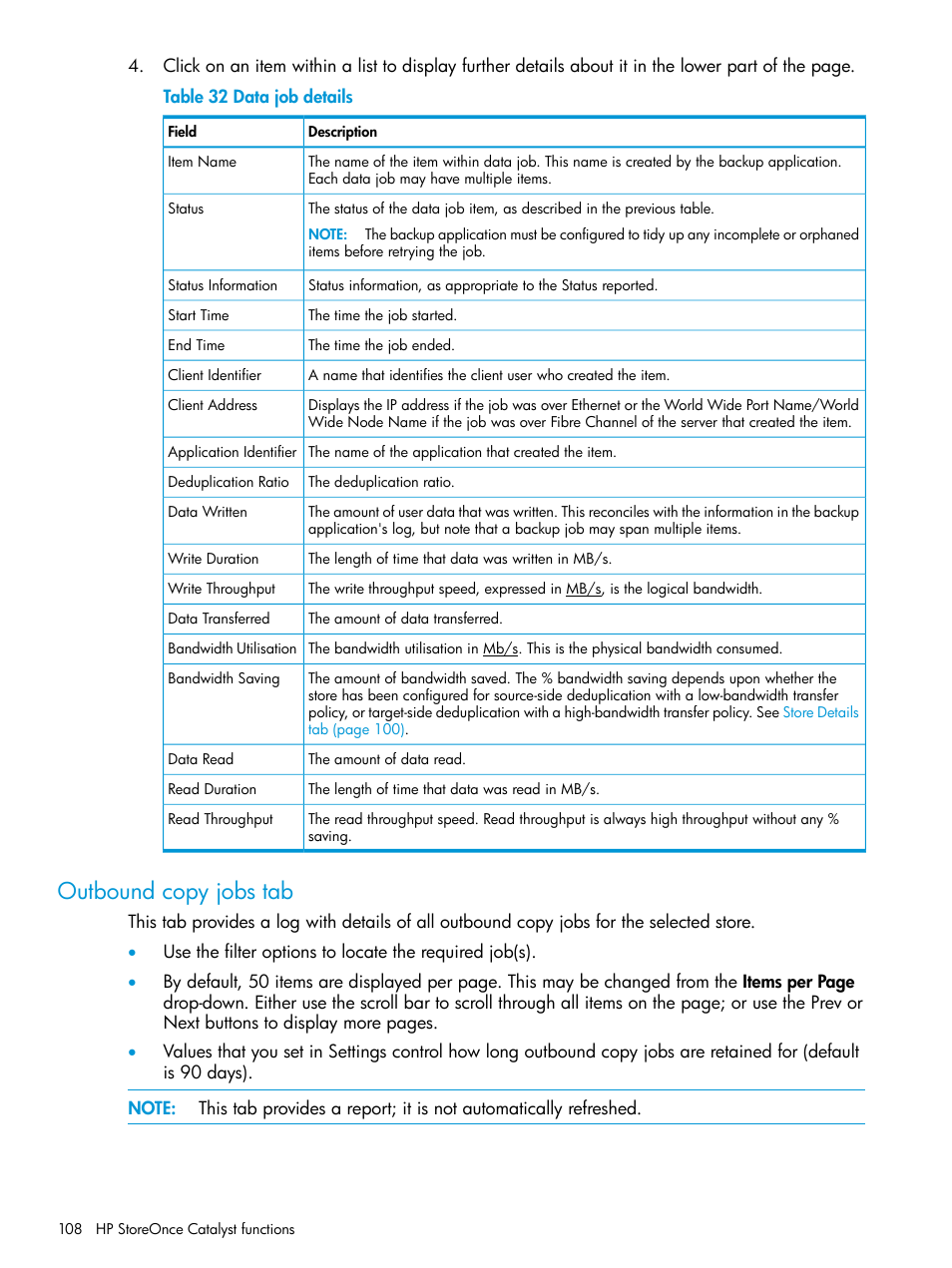 Outbound copy jobs tab | HP StoreOnce Backup User Manual | Page 108 / 220