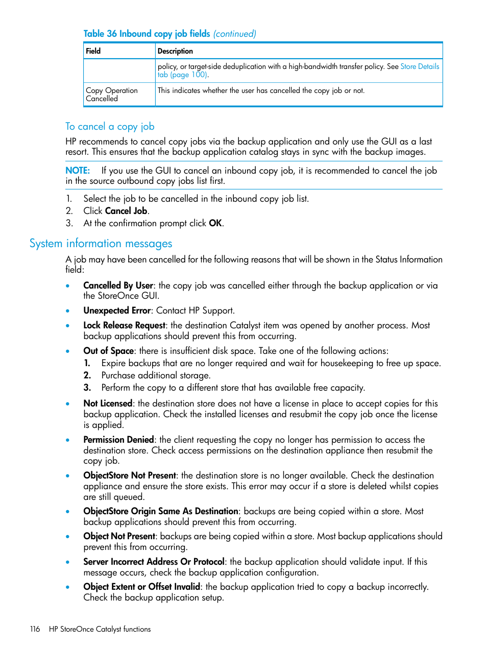 System information messages | HP StoreOnce Backup User Manual | Page 116 / 220