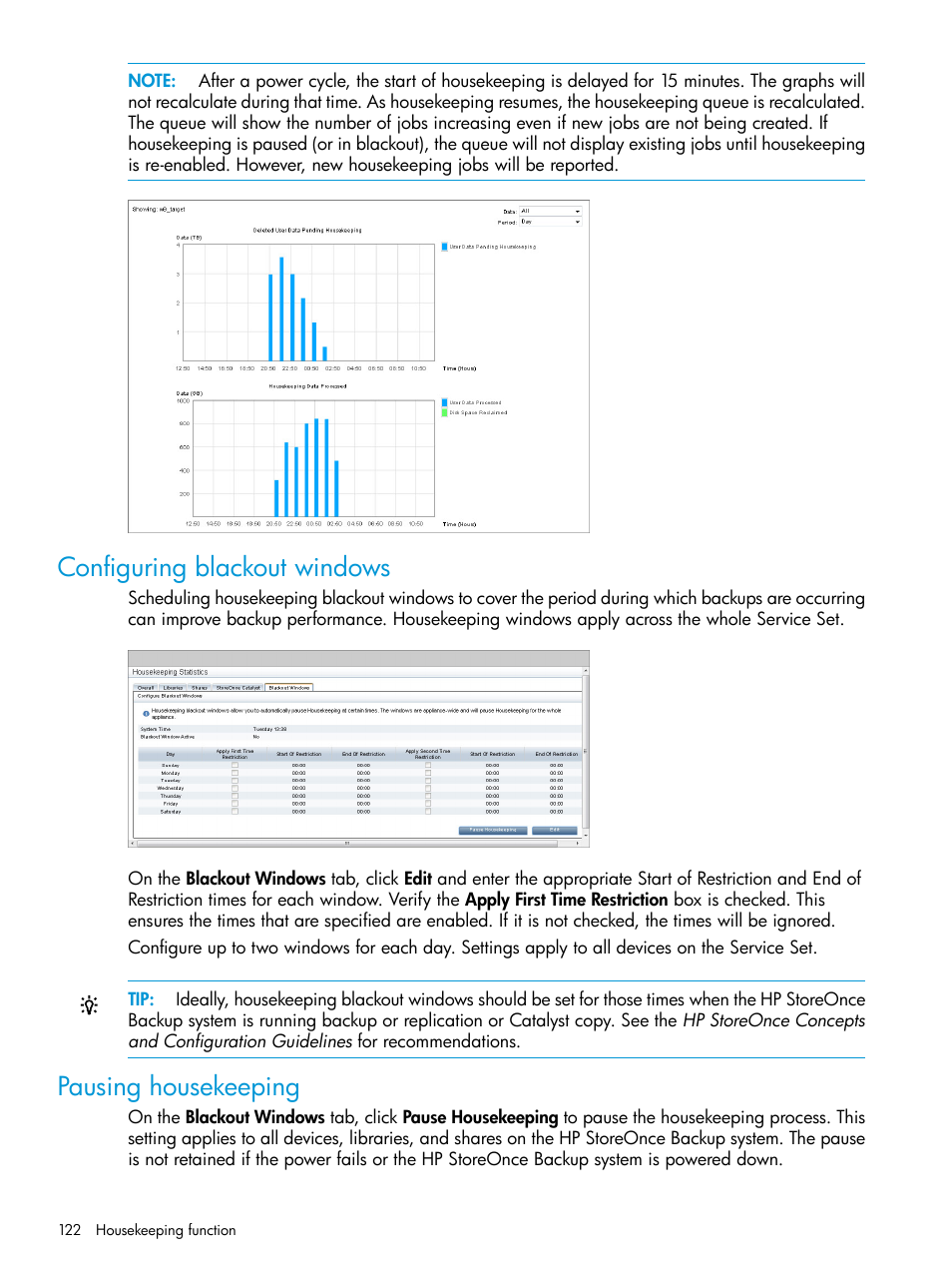 Configuring blackout windows, Pausing housekeeping, Configuring blackout windows pausing housekeeping | Configuring blackout | HP StoreOnce Backup User Manual | Page 122 / 220