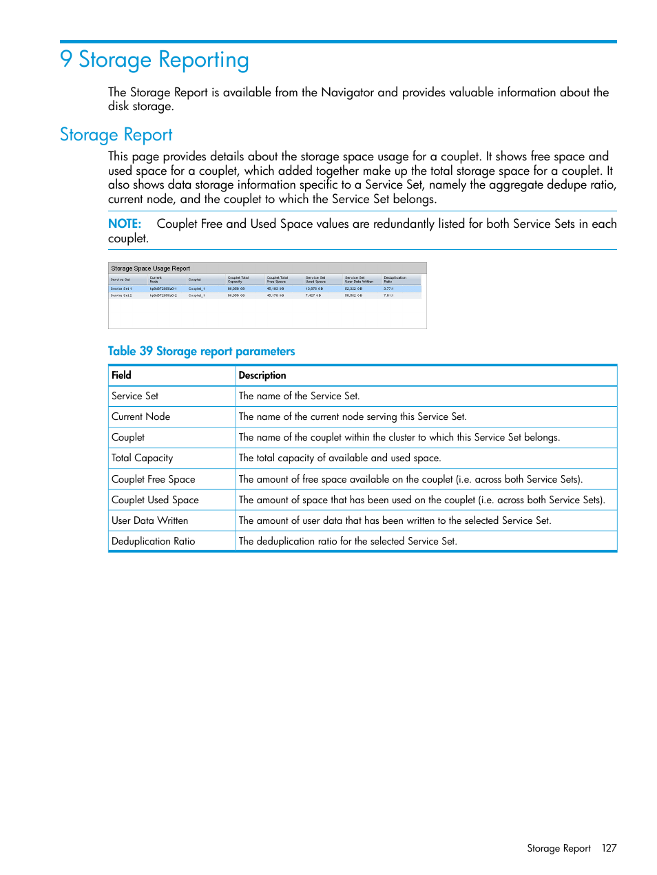 9 storage reporting, Storage report | HP StoreOnce Backup User Manual | Page 127 / 220