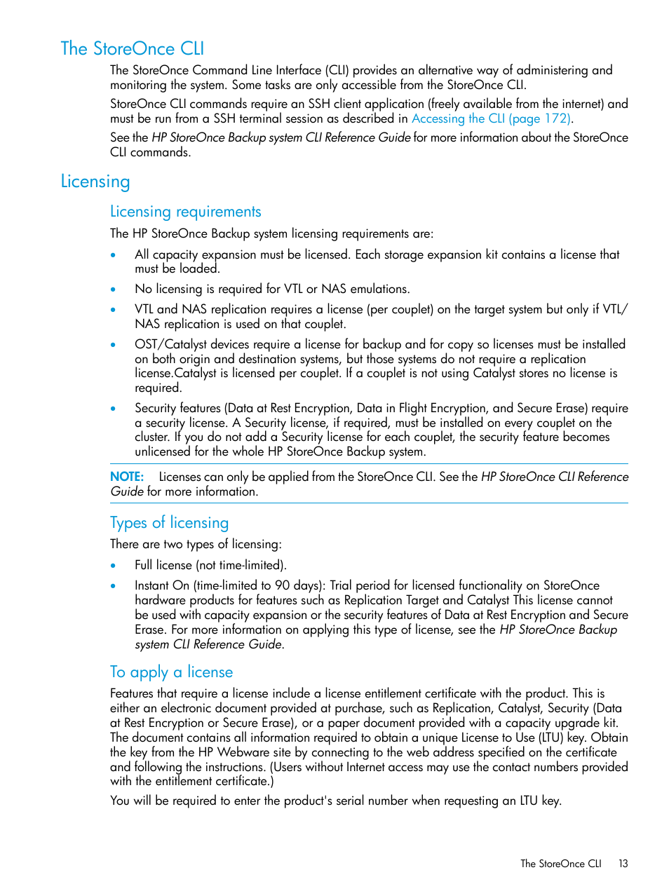 The storeonce cli, Licensing, The storeonce cli licensing | Licensing requirements, Types of licensing | HP StoreOnce Backup User Manual | Page 13 / 220