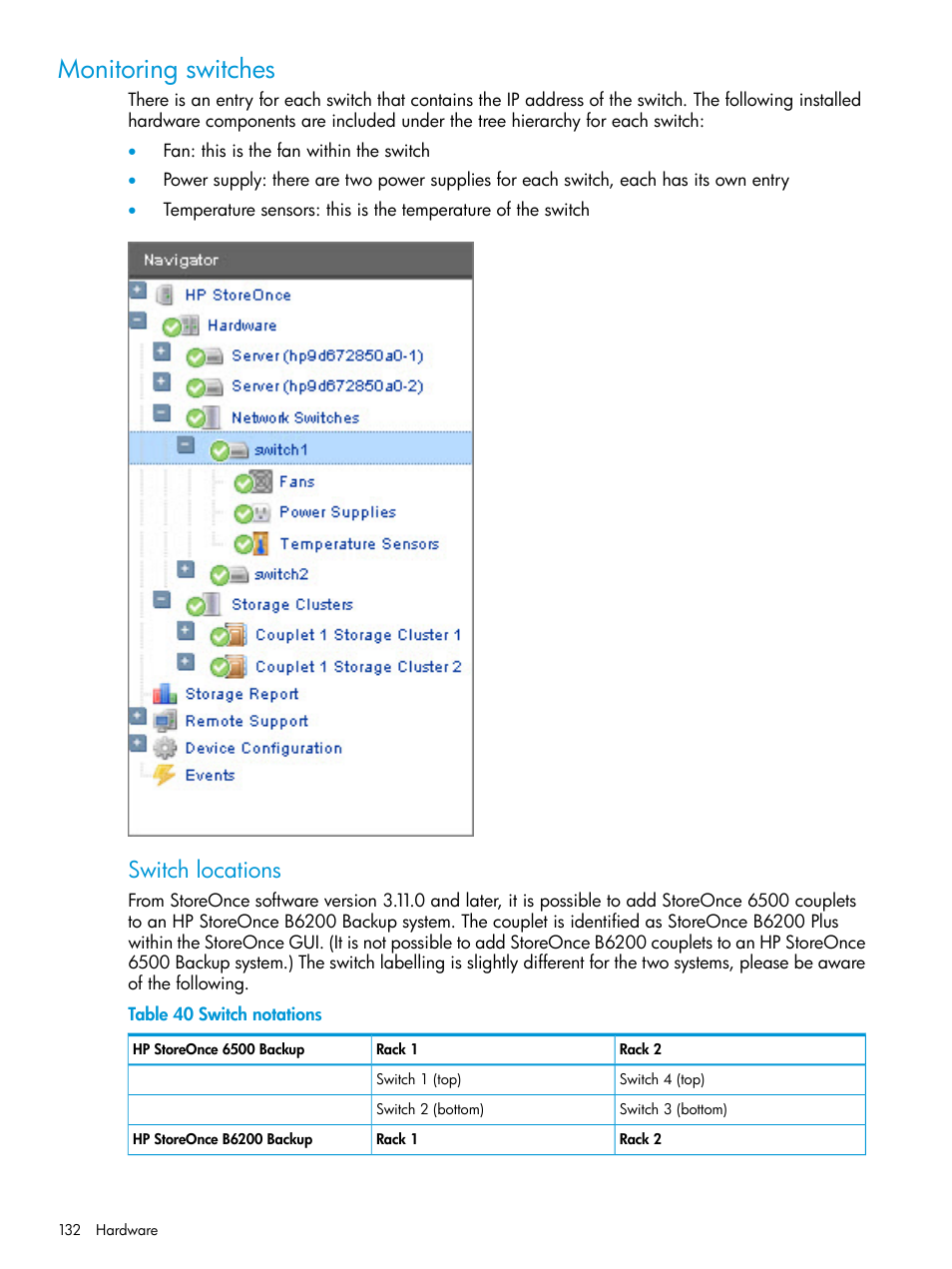 Monitoring switches, Switch locations | HP StoreOnce Backup User Manual | Page 132 / 220
