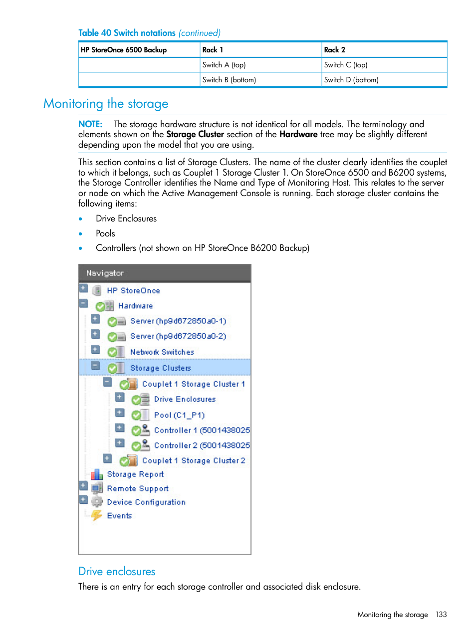 Monitoring the storage, Drive enclosures | HP StoreOnce Backup User Manual | Page 133 / 220