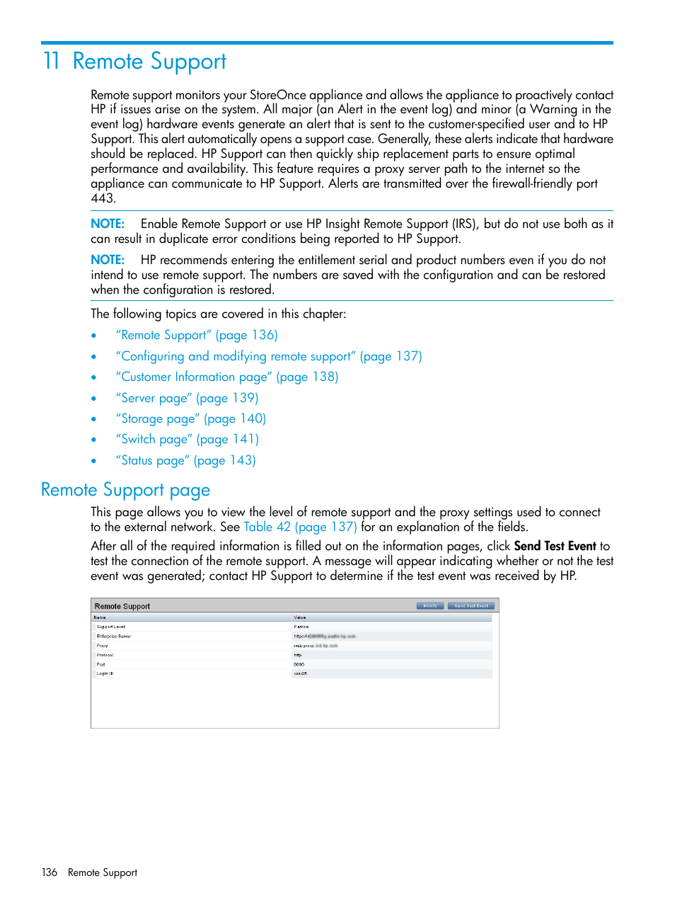 11 remote support, Remote support page | HP StoreOnce Backup User Manual | Page 136 / 220