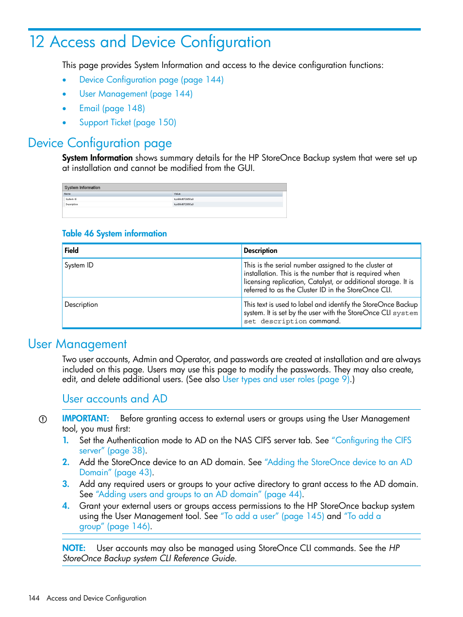 12 access and device configuration, User management, Device configuration page | User accounts and ad | HP StoreOnce Backup User Manual | Page 144 / 220