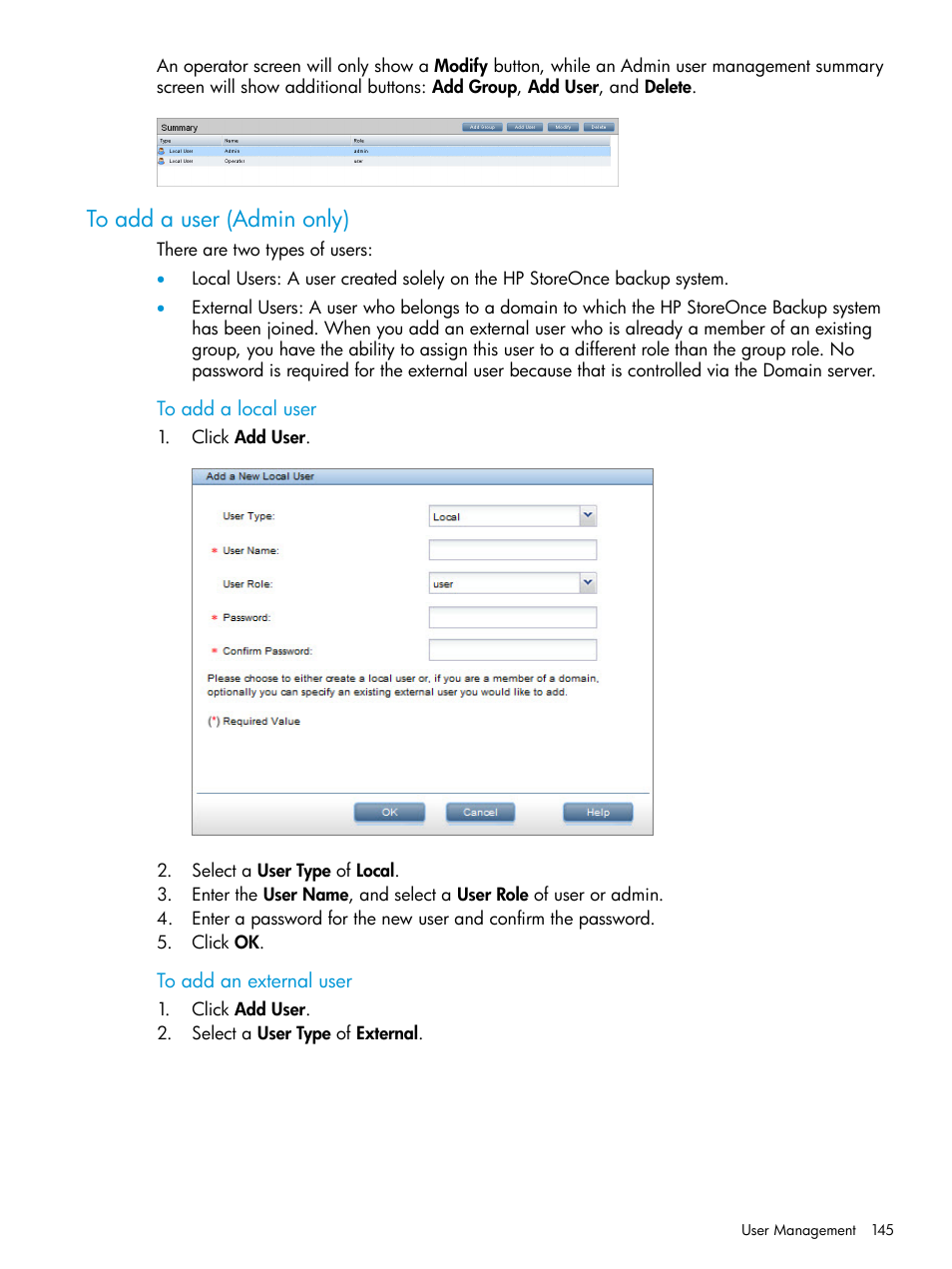 To add a user (admin only) | HP StoreOnce Backup User Manual | Page 145 / 220