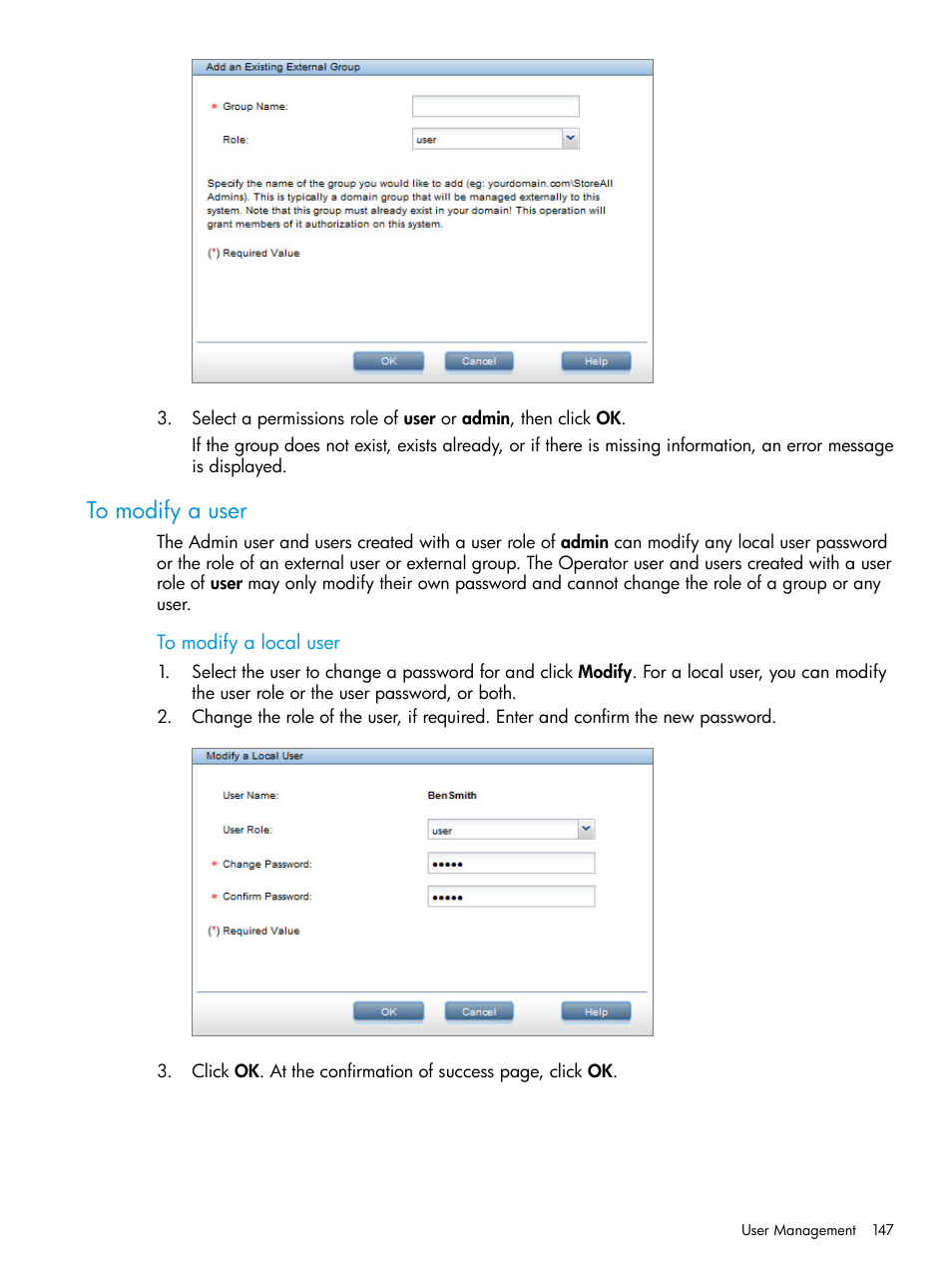 To modify a user | HP StoreOnce Backup User Manual | Page 147 / 220