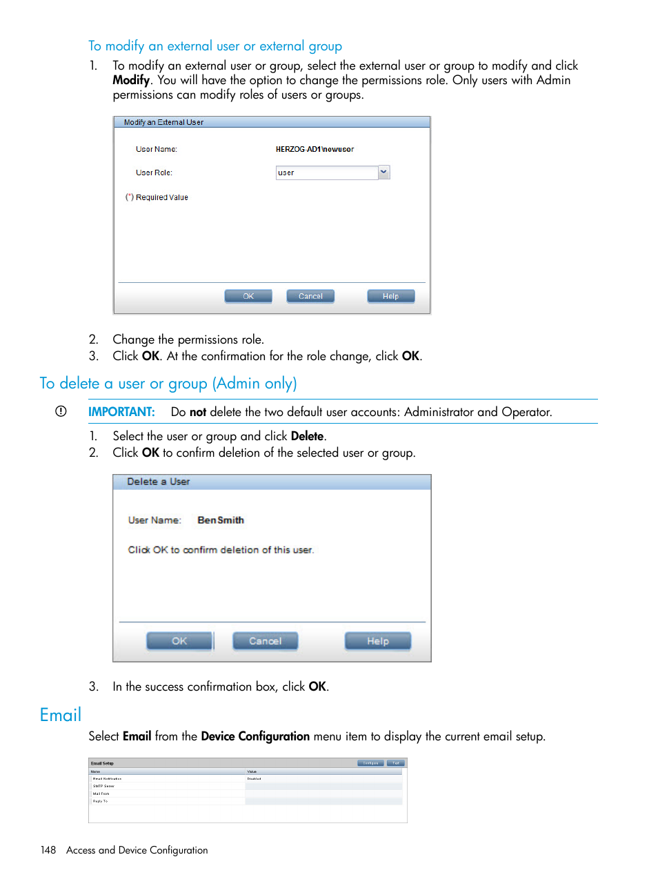 To delete a user or group (admin only), Email | HP StoreOnce Backup User Manual | Page 148 / 220