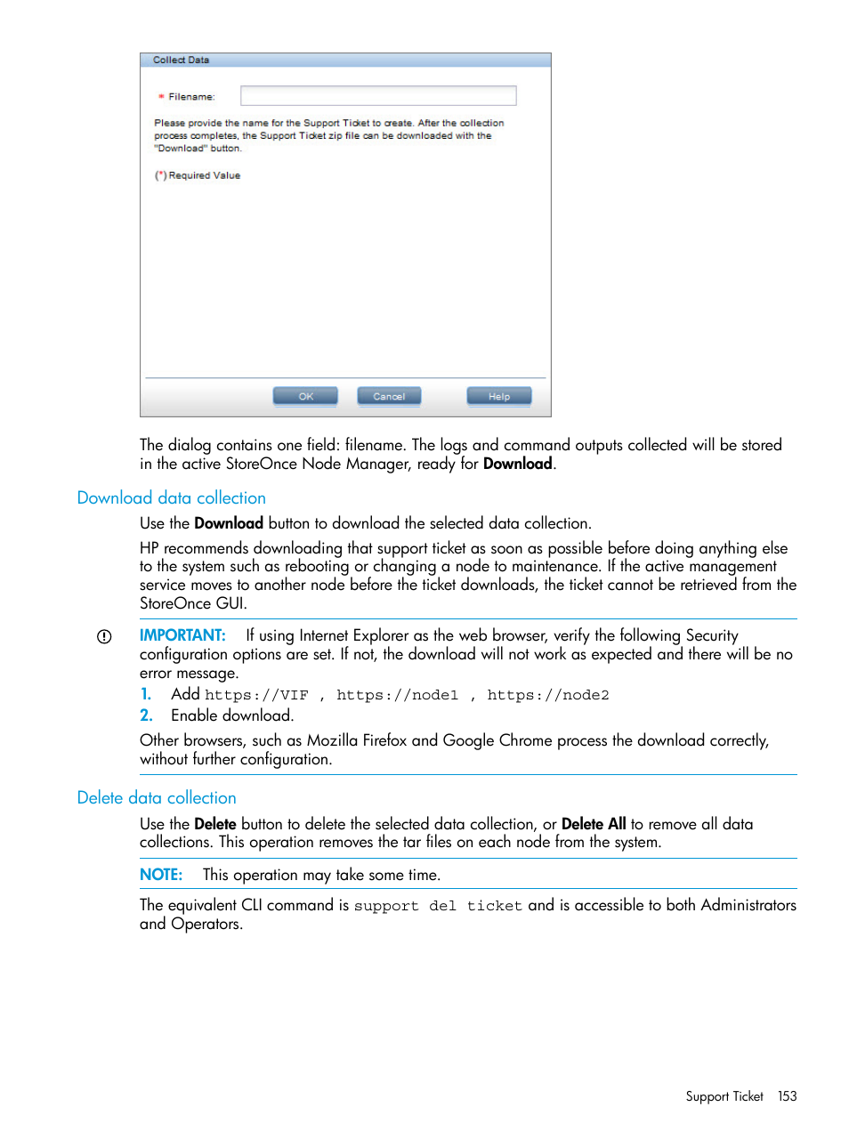 Download data collection, Delete data collection, Download data collection delete data collection | HP StoreOnce Backup User Manual | Page 153 / 220