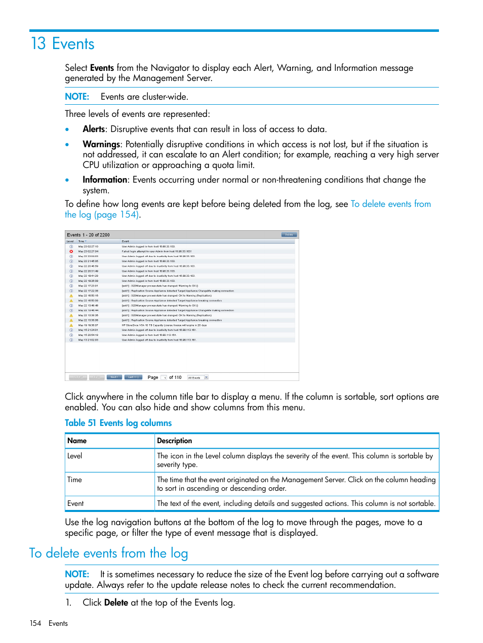 13 events, To delete events from the log | HP StoreOnce Backup User Manual | Page 154 / 220