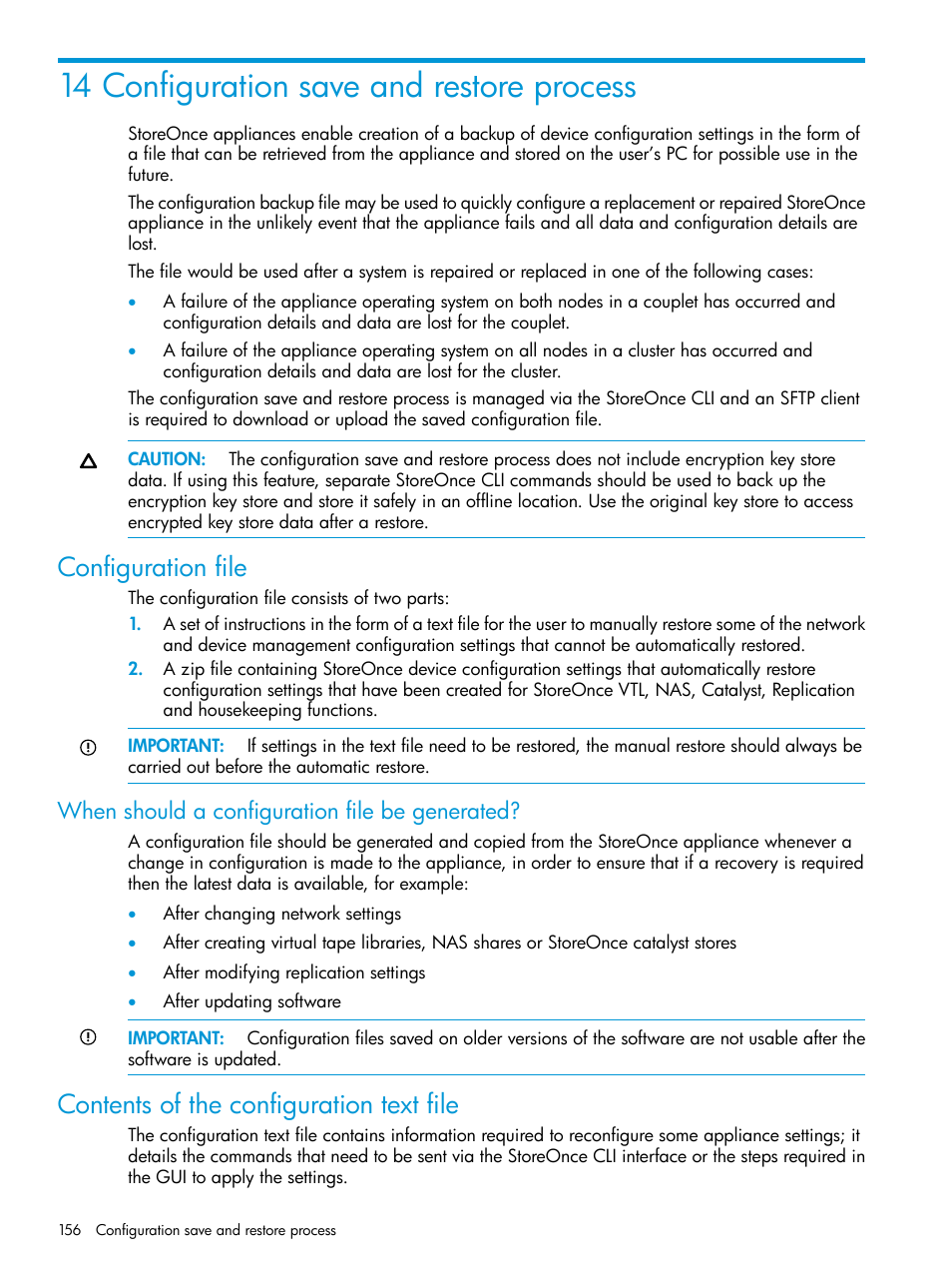 14 configuration save and restore process, Configuration file, When should a configuration file be generated | Contents of the configuration text file | HP StoreOnce Backup User Manual | Page 156 / 220