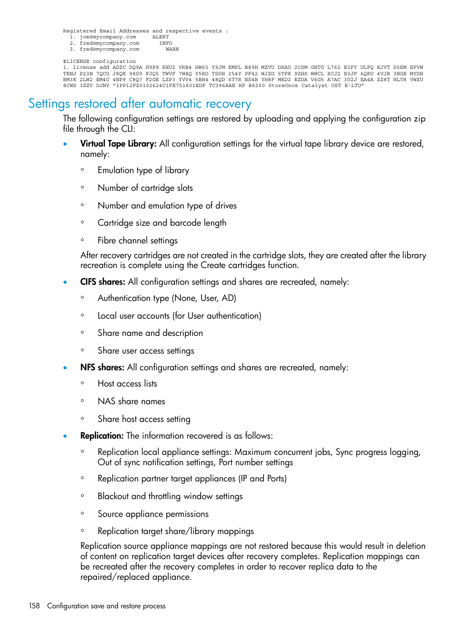 Settings restored after automatic recovery | HP StoreOnce Backup User Manual | Page 158 / 220