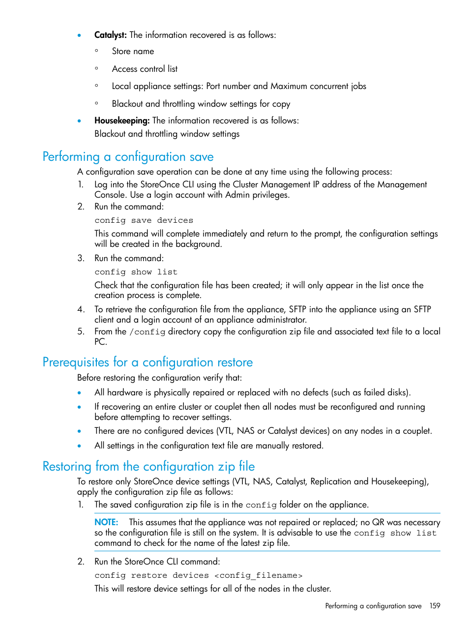 Performing a configuration save, Prerequisites for a configuration restore, Restoring from the configuration zip file | HP StoreOnce Backup User Manual | Page 159 / 220