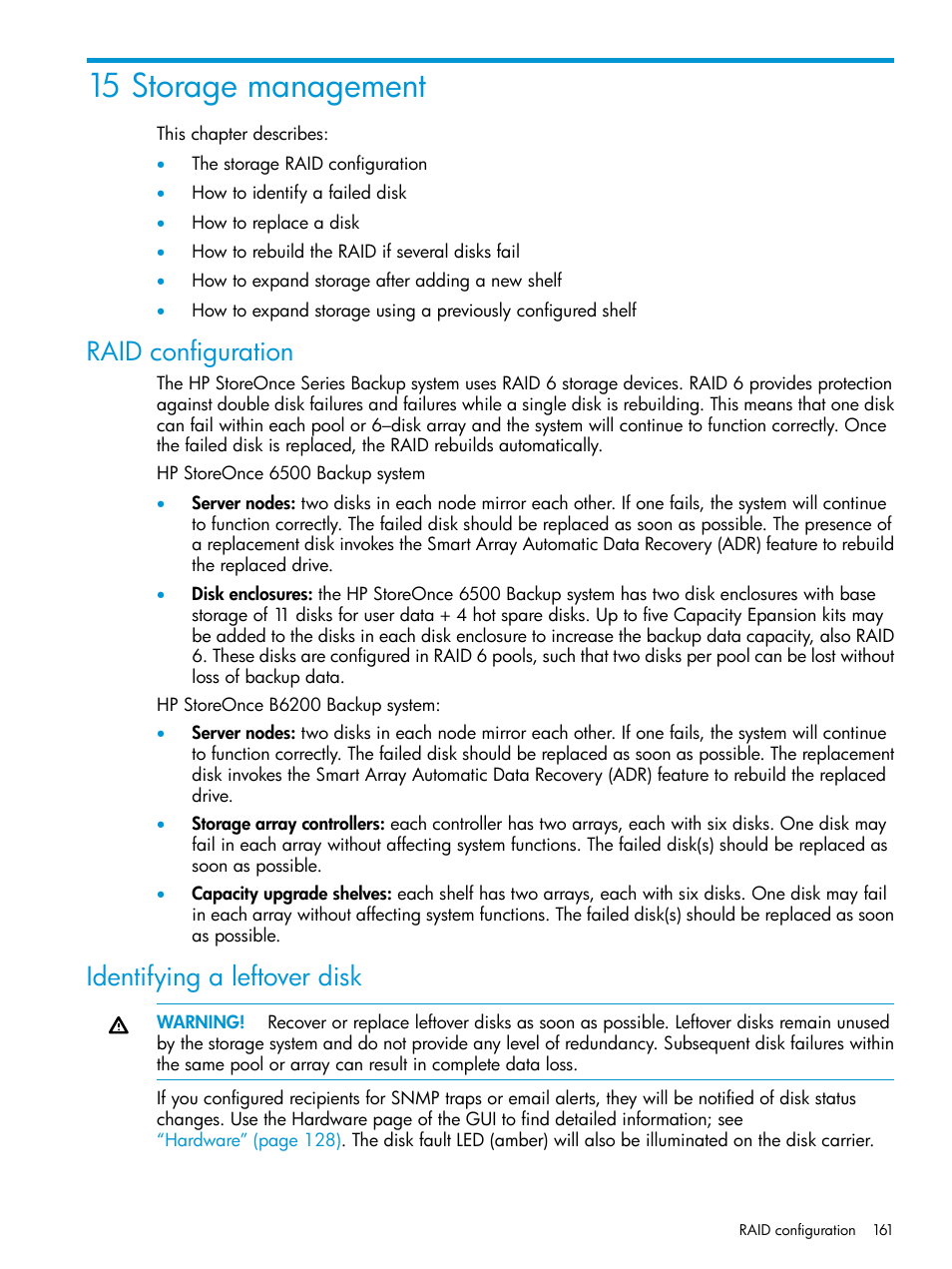 15 storage management, Raid configuration, Identifying a leftover disk | Raid configuration identifying a leftover disk | HP StoreOnce Backup User Manual | Page 161 / 220