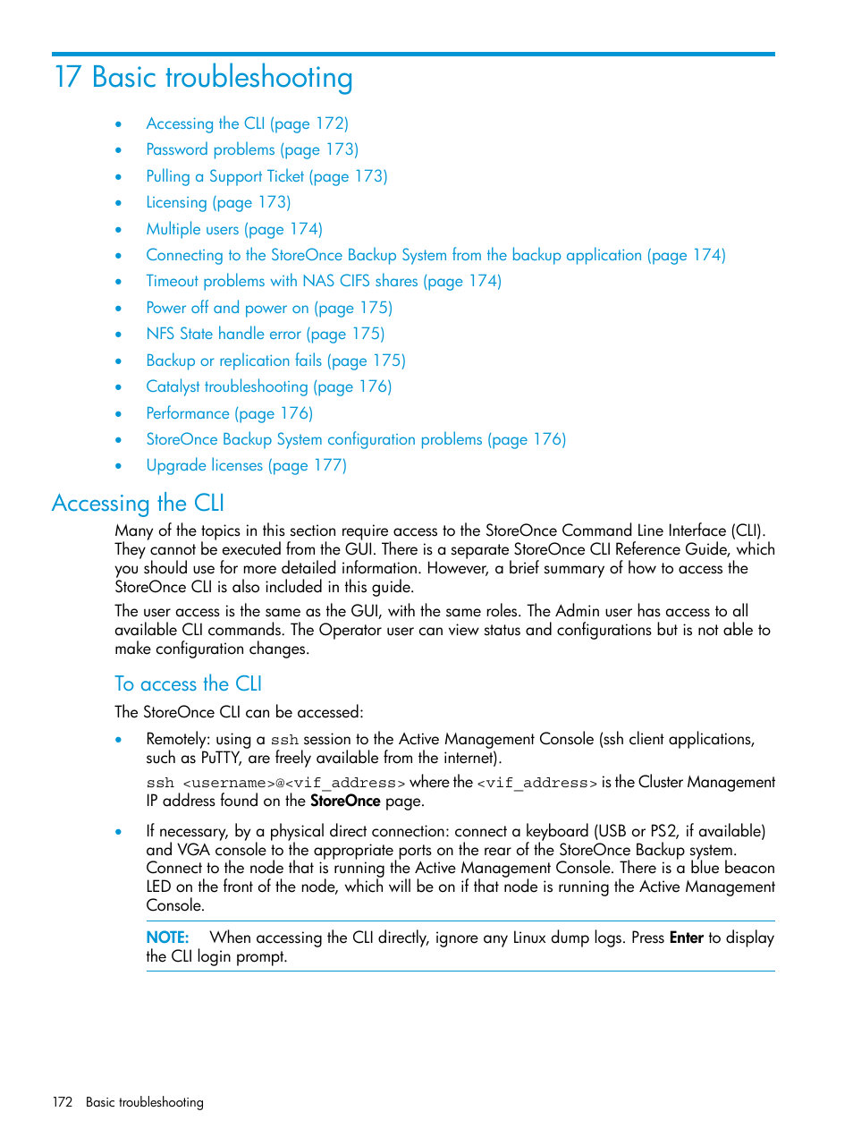 17 basic troubleshooting, Accessing the cli | HP StoreOnce Backup User Manual | Page 172 / 220