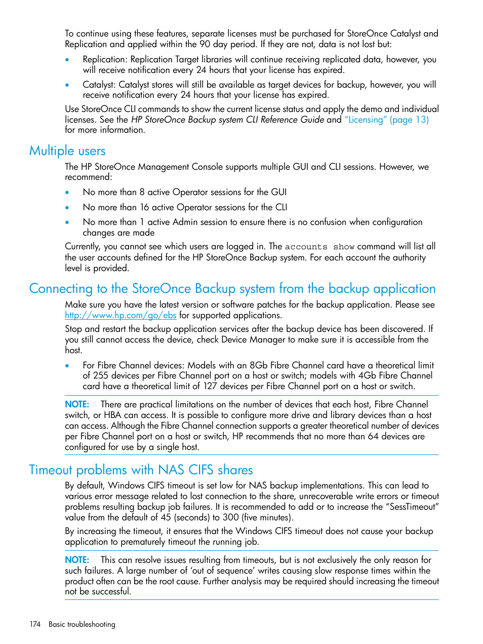 Multiple users, Timeout problems with nas cifs shares | HP StoreOnce Backup User Manual | Page 174 / 220