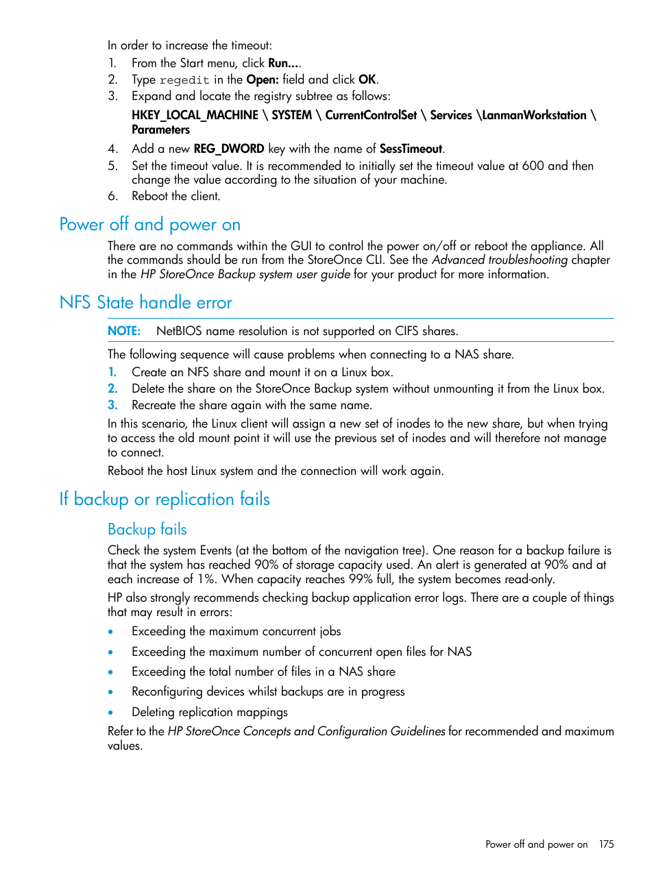 Power off and power on, Nfs state handle error, If backup or replication fails | Backup fails | HP StoreOnce Backup User Manual | Page 175 / 220