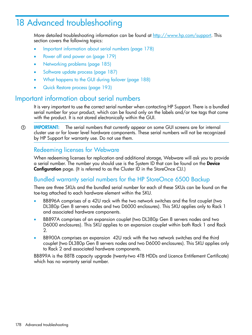 18 advanced troubleshooting, Important information about serial numbers, Redeeming licenses for webware | HP StoreOnce Backup User Manual | Page 178 / 220