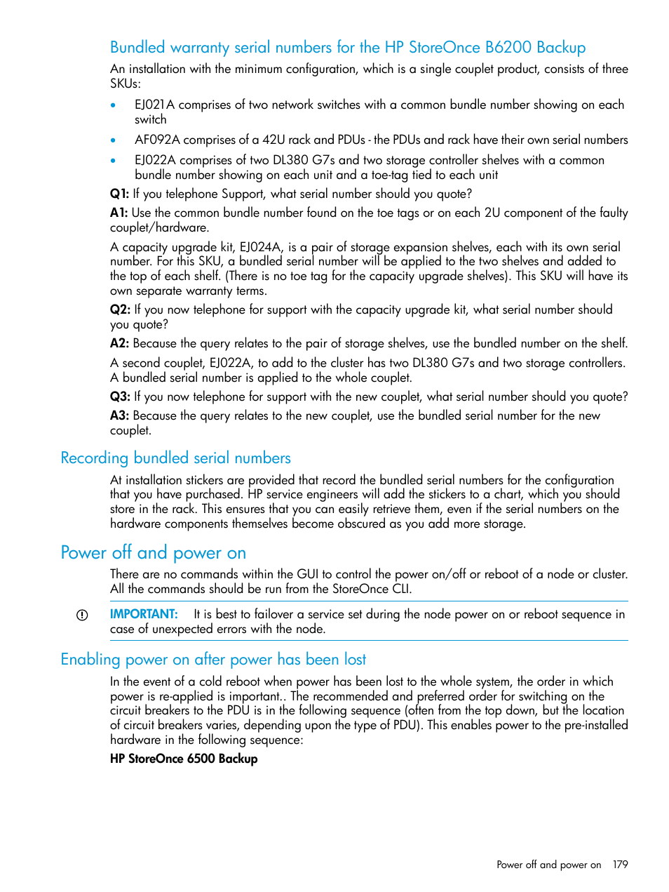 Recording bundled serial numbers, Power off and power on, Enabling power on after power has been lost | HP StoreOnce Backup User Manual | Page 179 / 220