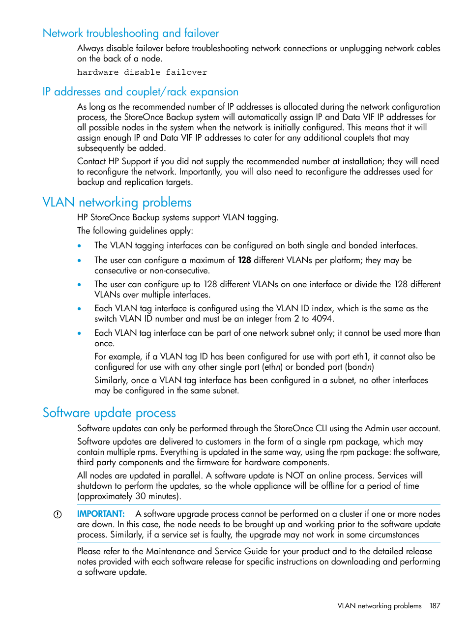 Network troubleshooting and failover, Ip addresses and couplet/rack expansion, Vlan networking problems | Software update process, Vlan networking problems software update process | HP StoreOnce Backup User Manual | Page 187 / 220