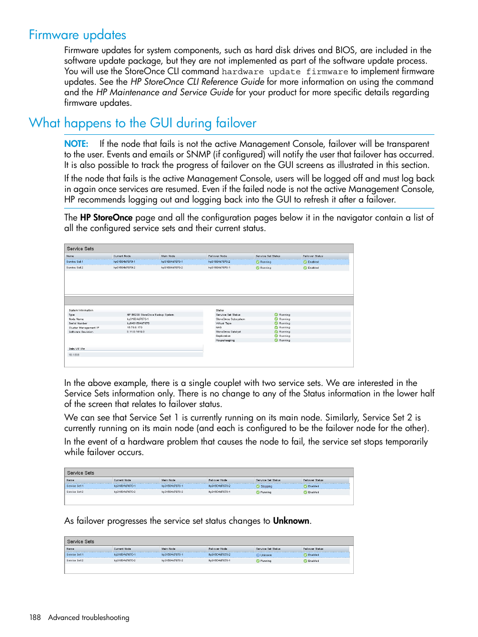 Firmware updates, What happens to the gui during failover | HP StoreOnce Backup User Manual | Page 188 / 220