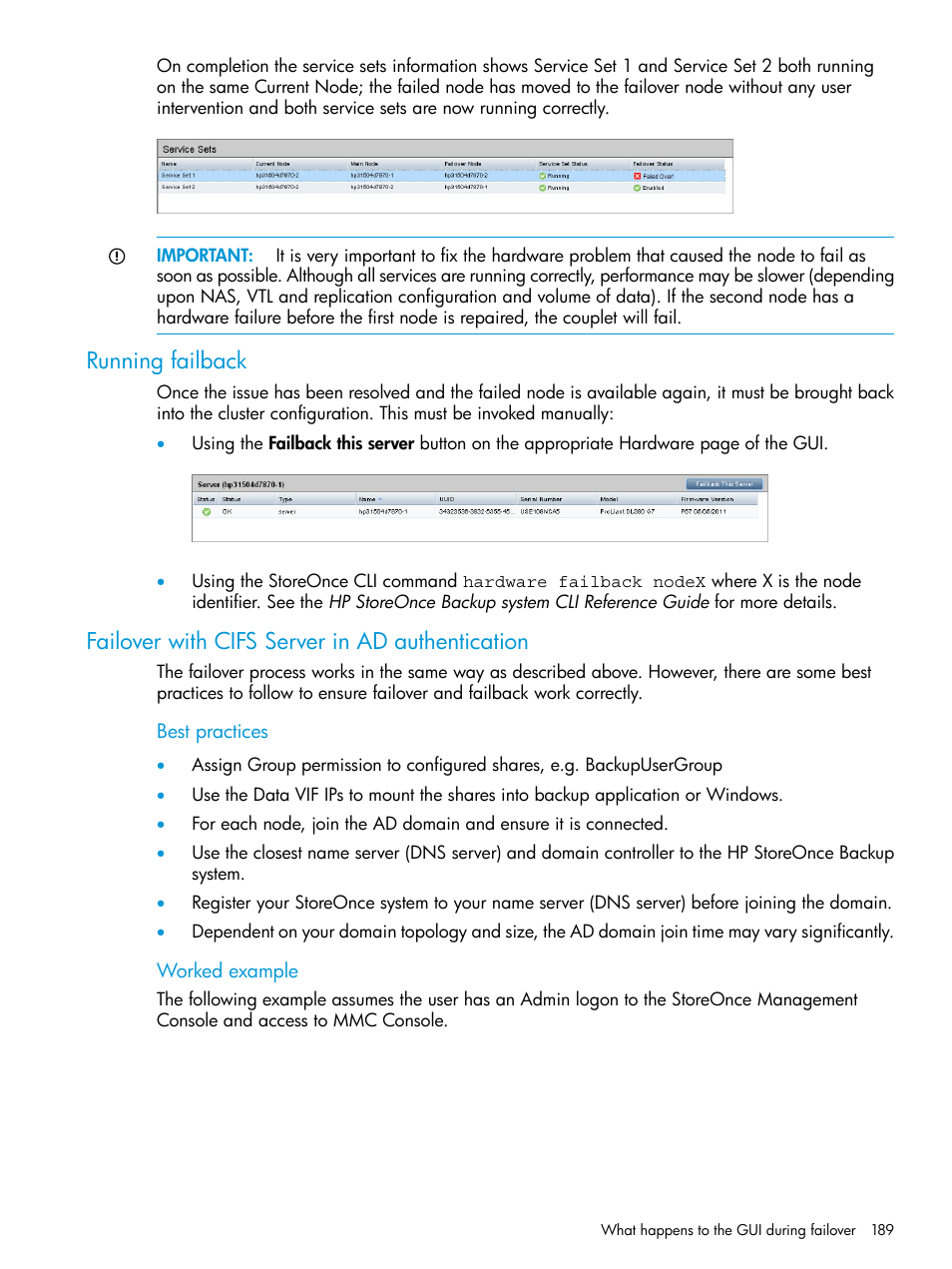 Running failback, Failover with cifs server in ad authentication | HP StoreOnce Backup User Manual | Page 189 / 220