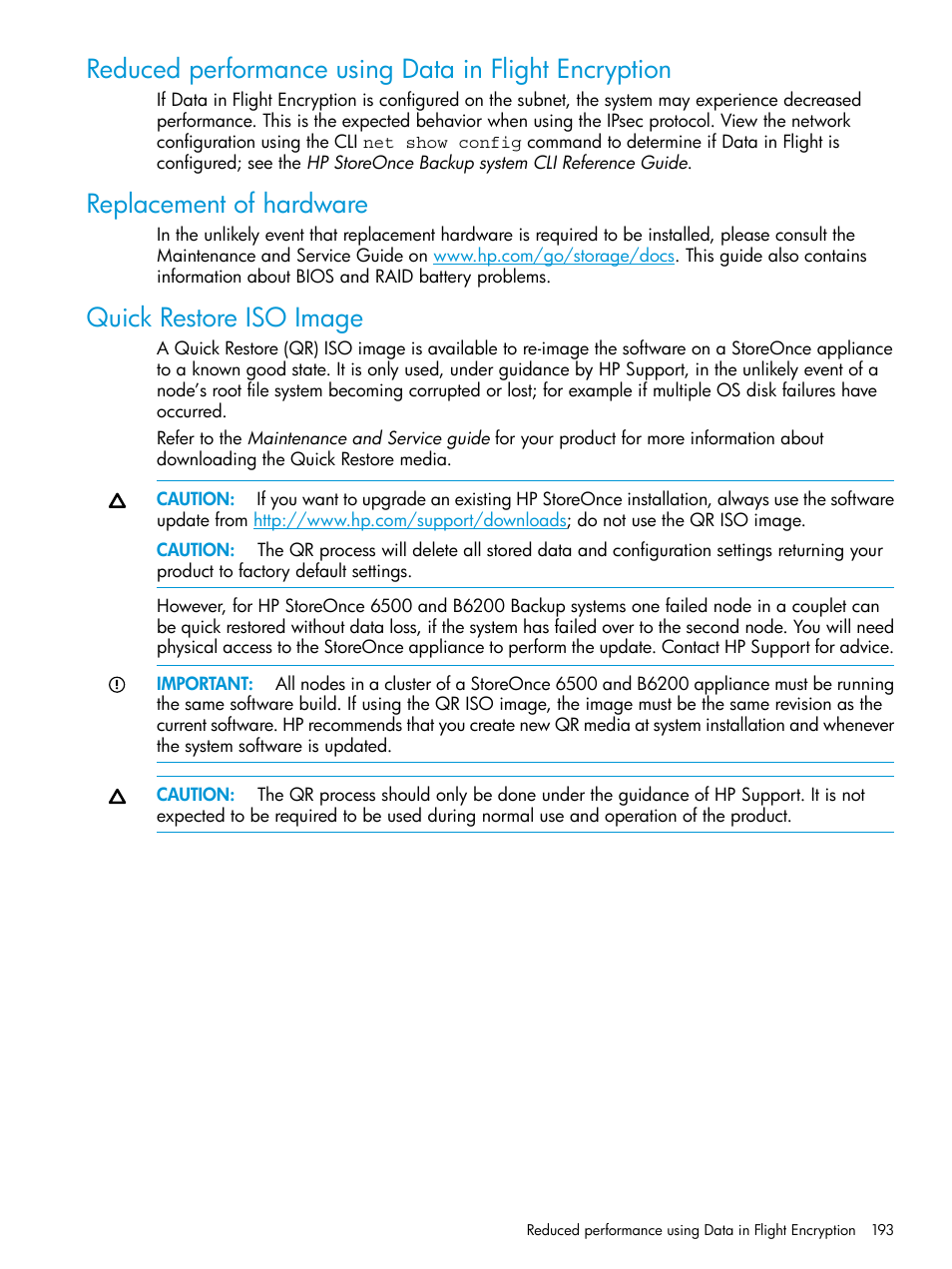 Replacement of hardware, Quick restore iso image | HP StoreOnce Backup User Manual | Page 193 / 220