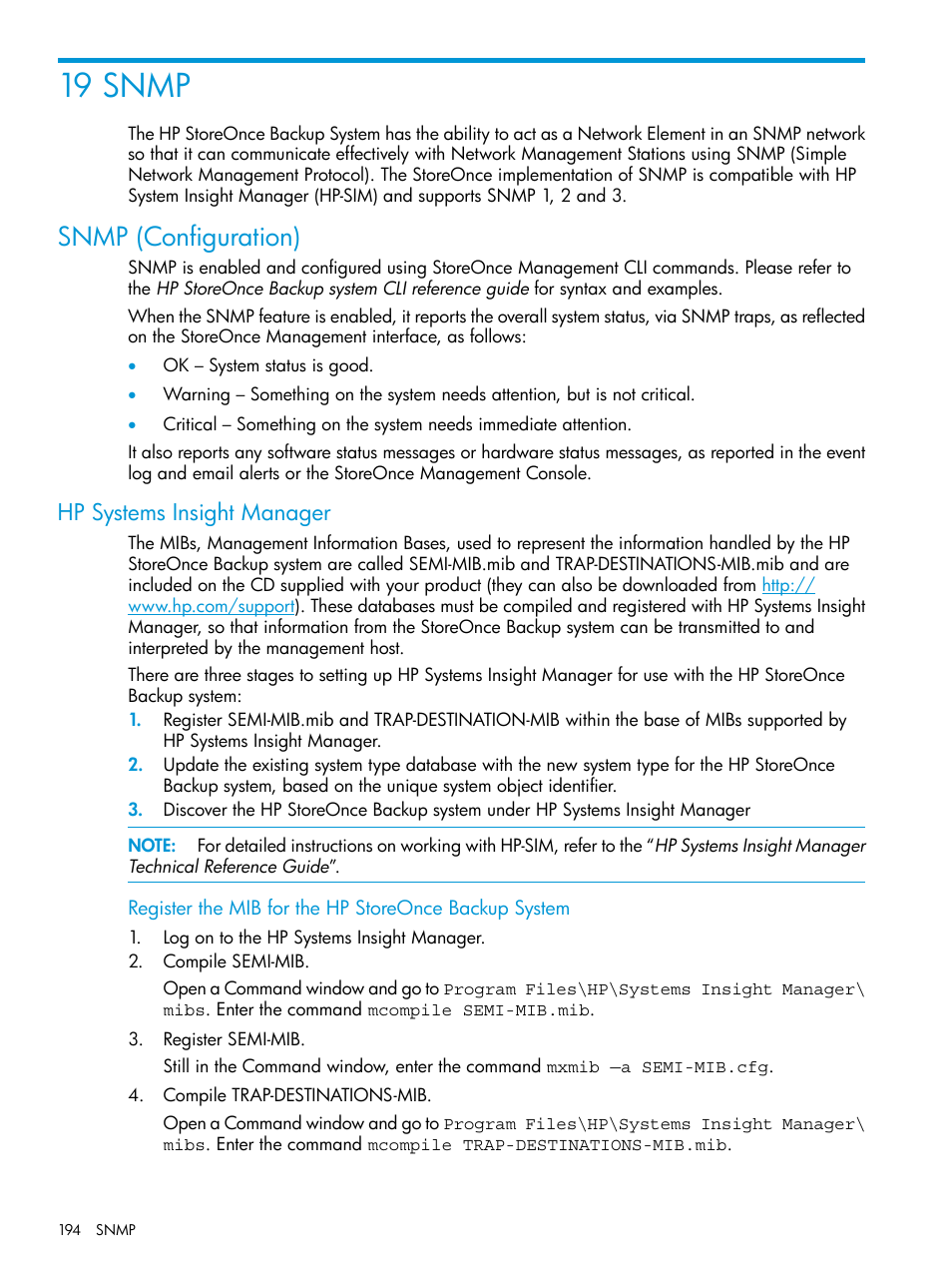 19 snmp, Snmp (configuration), Hp systems insight manager | HP StoreOnce Backup User Manual | Page 194 / 220