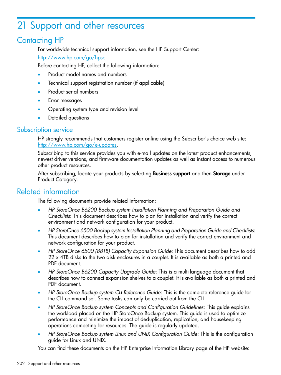 21 support and other resources, Contacting hp, Subscription service | Related information | HP StoreOnce Backup User Manual | Page 202 / 220