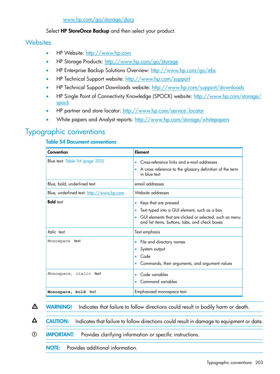 Websites, Typographic conventions | HP StoreOnce Backup User Manual | Page 203 / 220