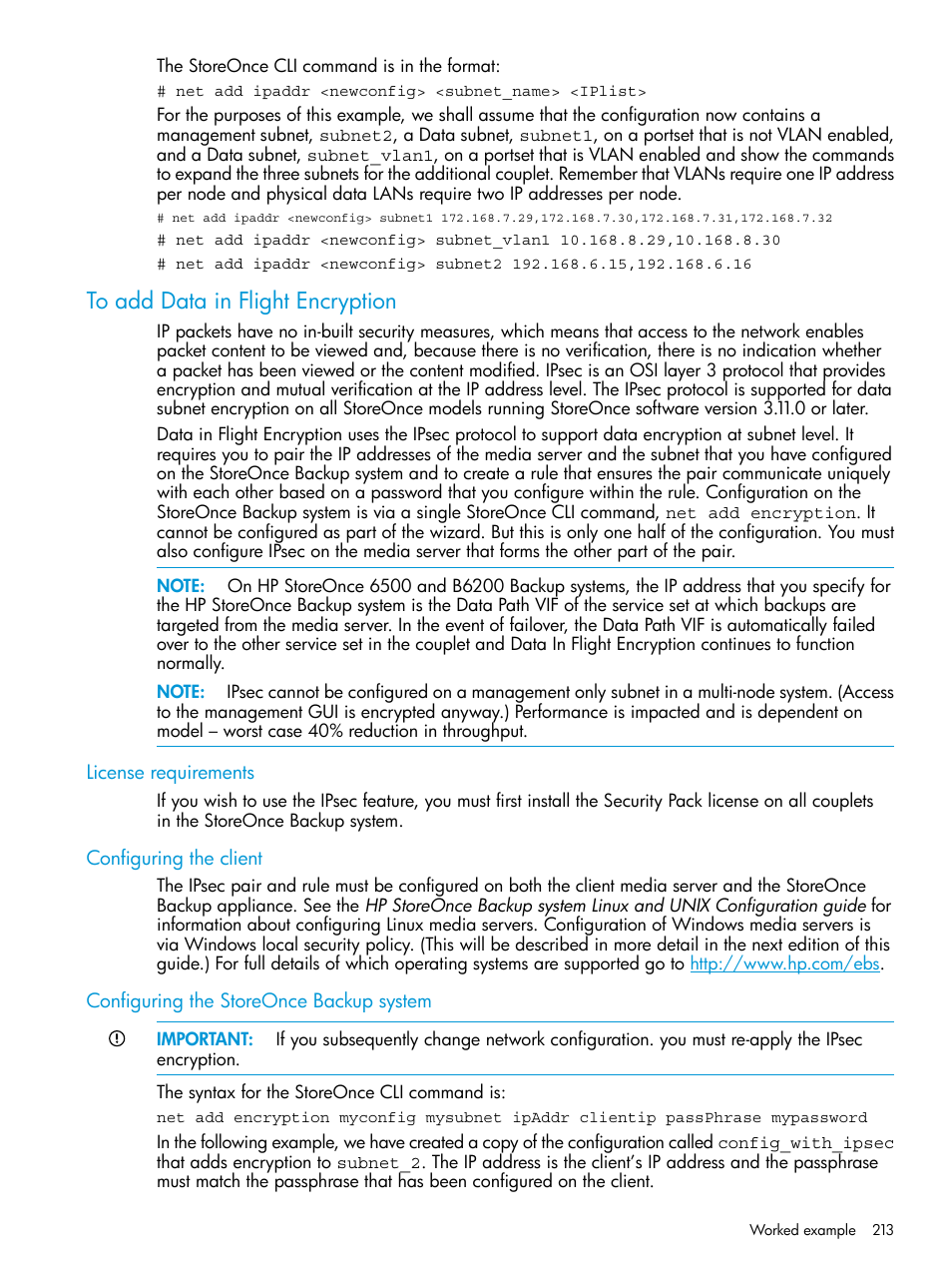 To add data in flight encryption, License requirements, Configuring the client | Configuring the storeonce backup system | HP StoreOnce Backup User Manual | Page 213 / 220