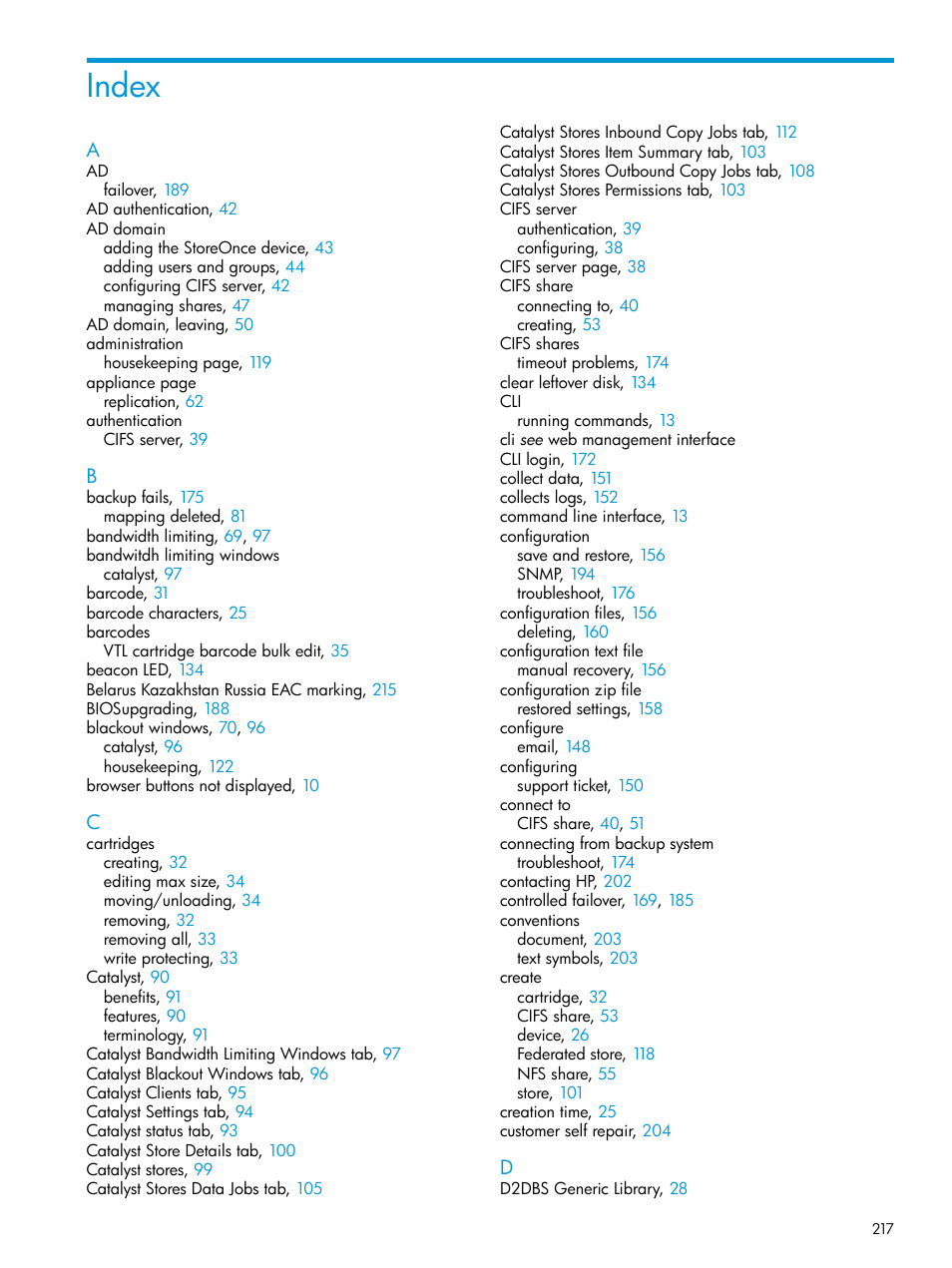 Index | HP StoreOnce Backup User Manual | Page 217 / 220