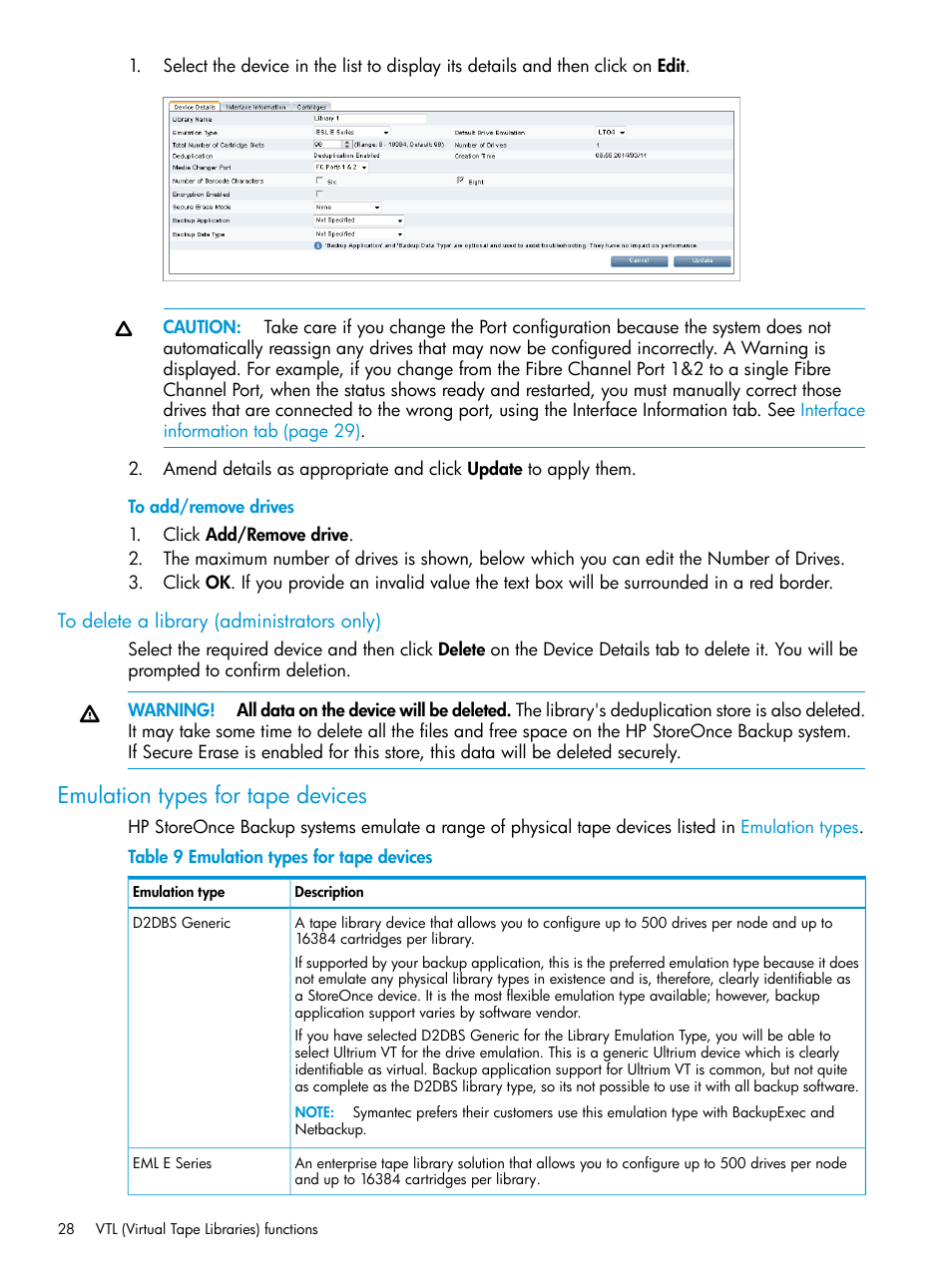 To delete a library (administrators only), Emulation types for tape devices, Emulation types for tape device | Emulation types for tape | HP StoreOnce Backup User Manual | Page 28 / 220