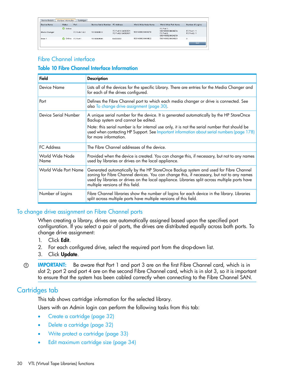 To change drive assignment on fibre channel ports, Cartridges tab | HP StoreOnce Backup User Manual | Page 30 / 220