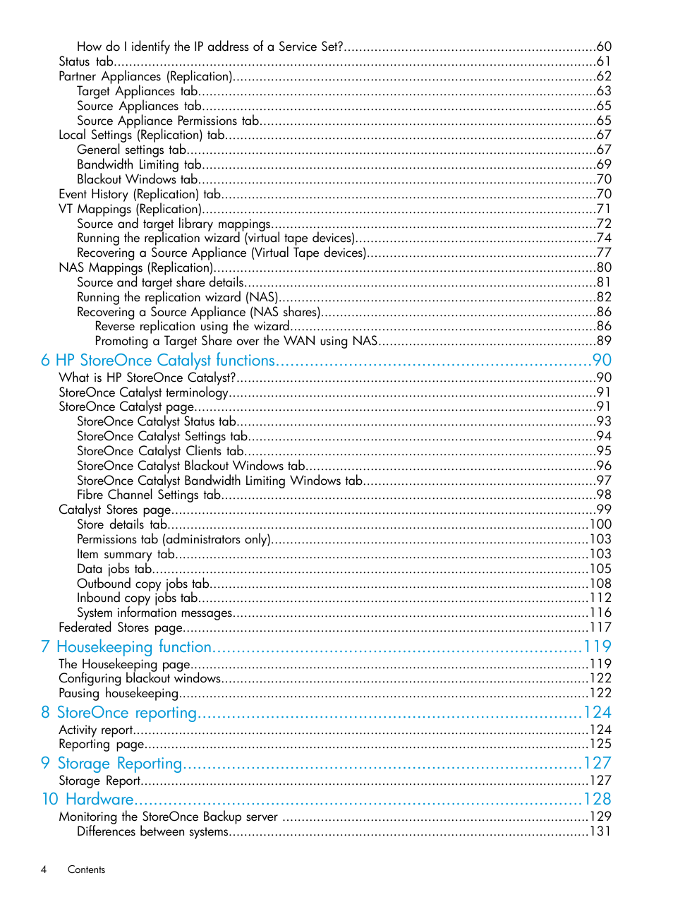 6 hp storeonce catalyst functions, 7 housekeeping function, 8 storeonce reporting | 9 storage reporting, 10 hardware | HP StoreOnce Backup User Manual | Page 4 / 220