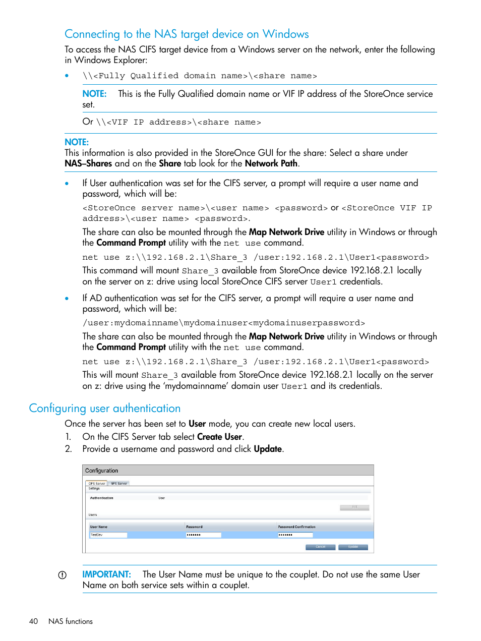 Configuring user authentication, Configuring user, Connecting to the nas target device on windows | HP StoreOnce Backup User Manual | Page 40 / 220