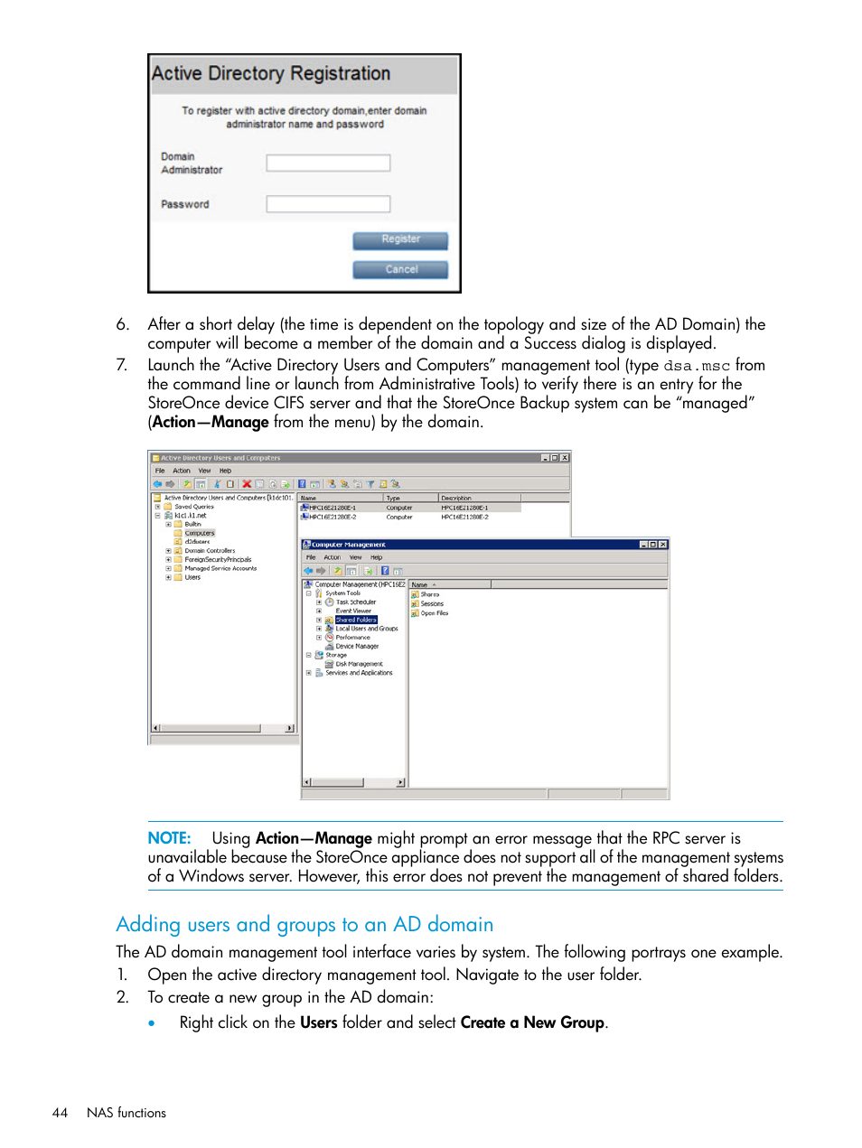 Adding users and groups to an ad domain | HP StoreOnce Backup User Manual | Page 44 / 220