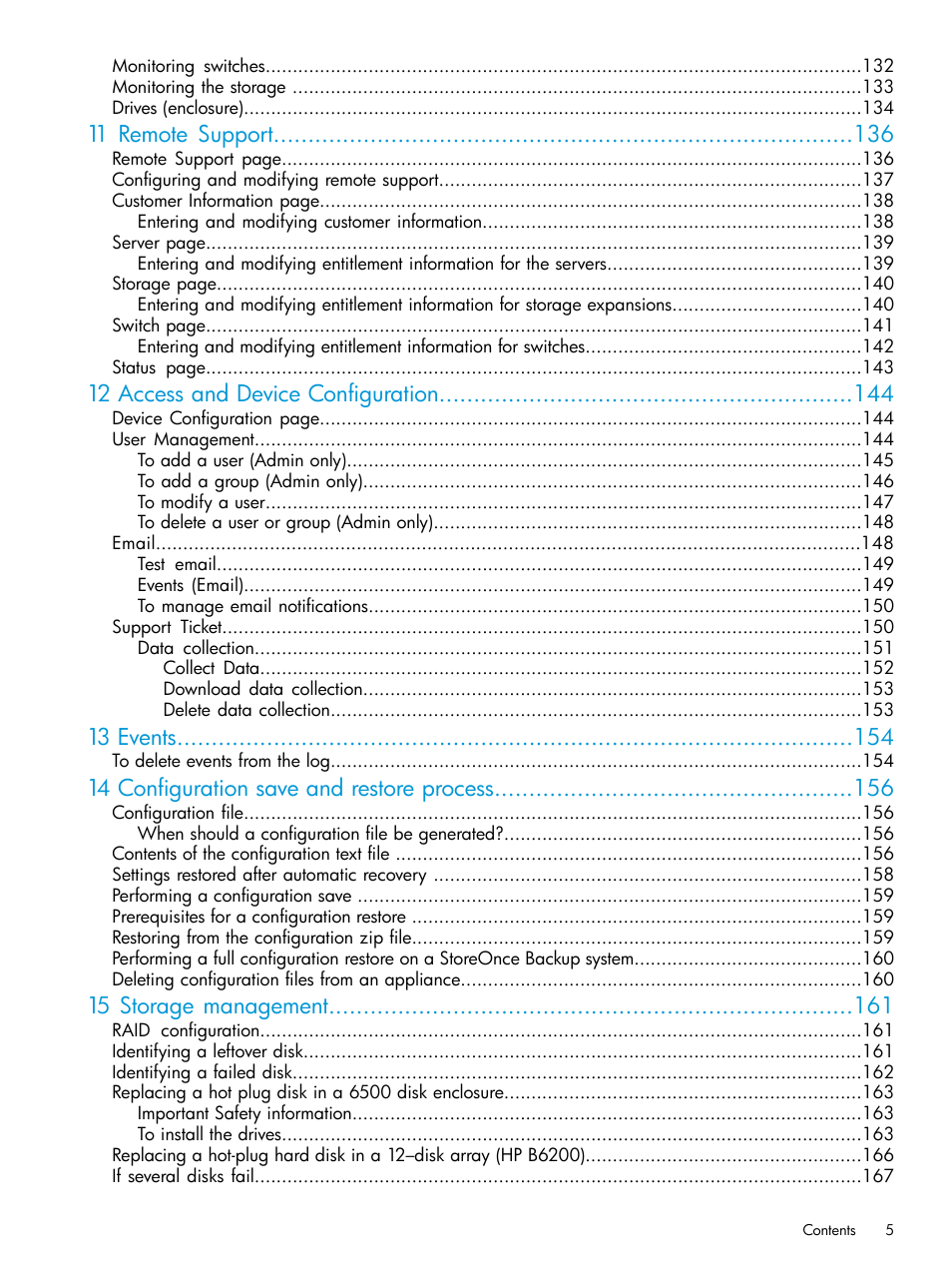 11 remote support, 12 access and device configuration, 13 events | 14 configuration save and restore process, 15 storage management | HP StoreOnce Backup User Manual | Page 5 / 220