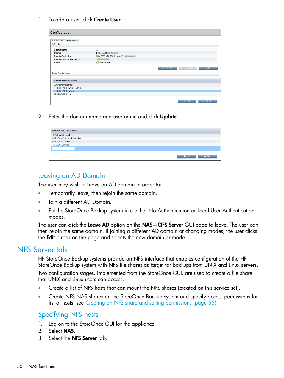 Nfs server tab, Leaving an ad domain, Specifying nfs hosts | HP StoreOnce Backup User Manual | Page 50 / 220