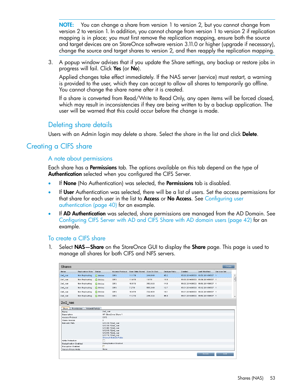 Creating a cifs share, Creating a cifs, Deleting share details | HP StoreOnce Backup User Manual | Page 53 / 220