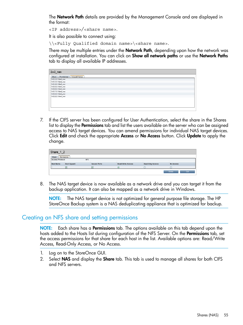 Creating an nfs share and setting permissions | HP StoreOnce Backup User Manual | Page 55 / 220