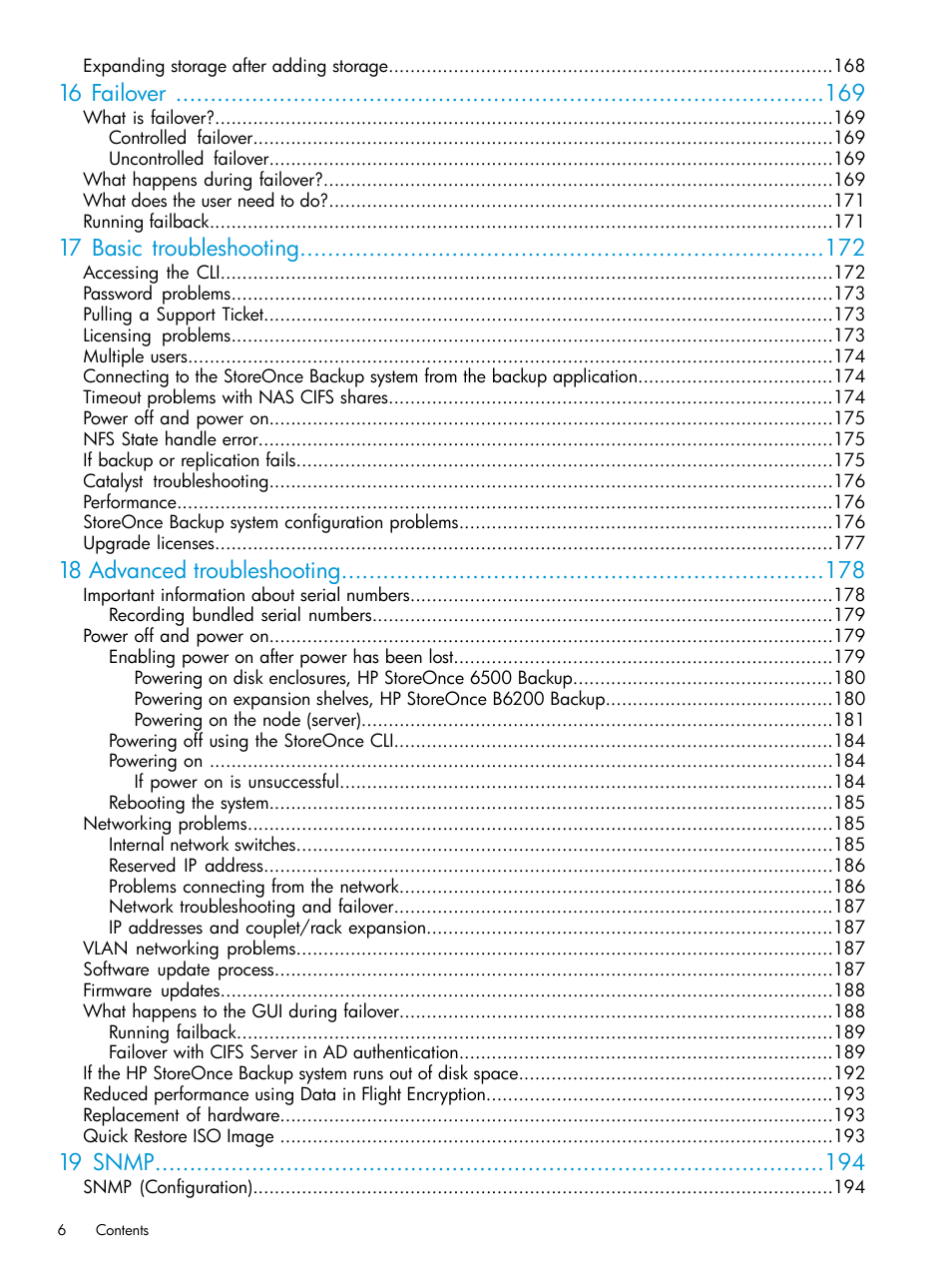 16 failover, 17 basic troubleshooting, 18 advanced troubleshooting | 19 snmp | HP StoreOnce Backup User Manual | Page 6 / 220