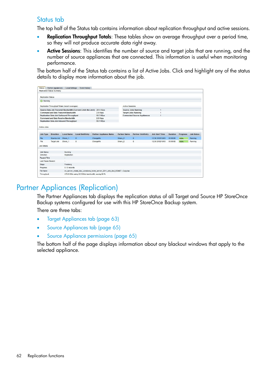 Partner appliances (replication), Status tab | HP StoreOnce Backup User Manual | Page 62 / 220