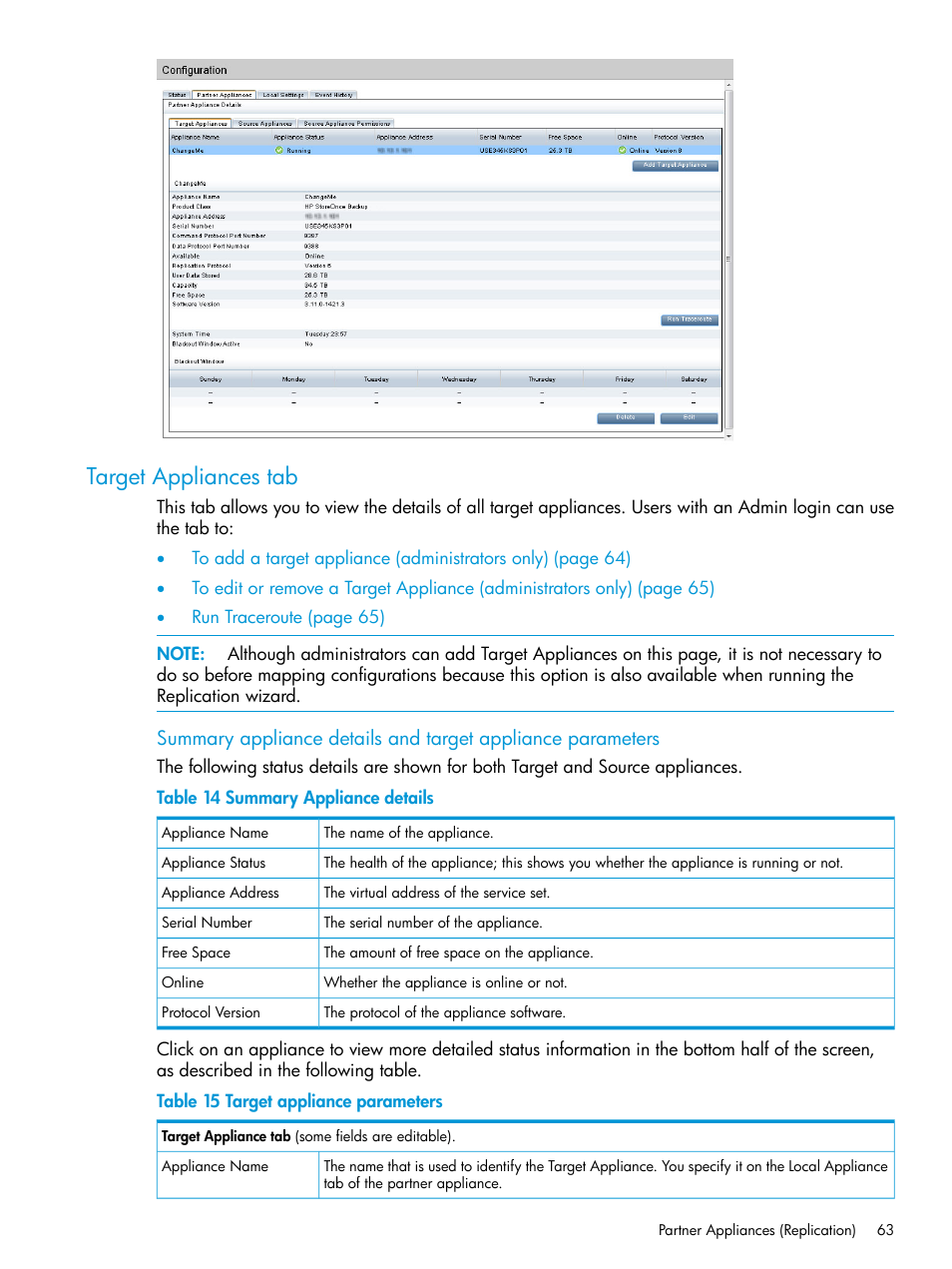 Target appliances tab | HP StoreOnce Backup User Manual | Page 63 / 220
