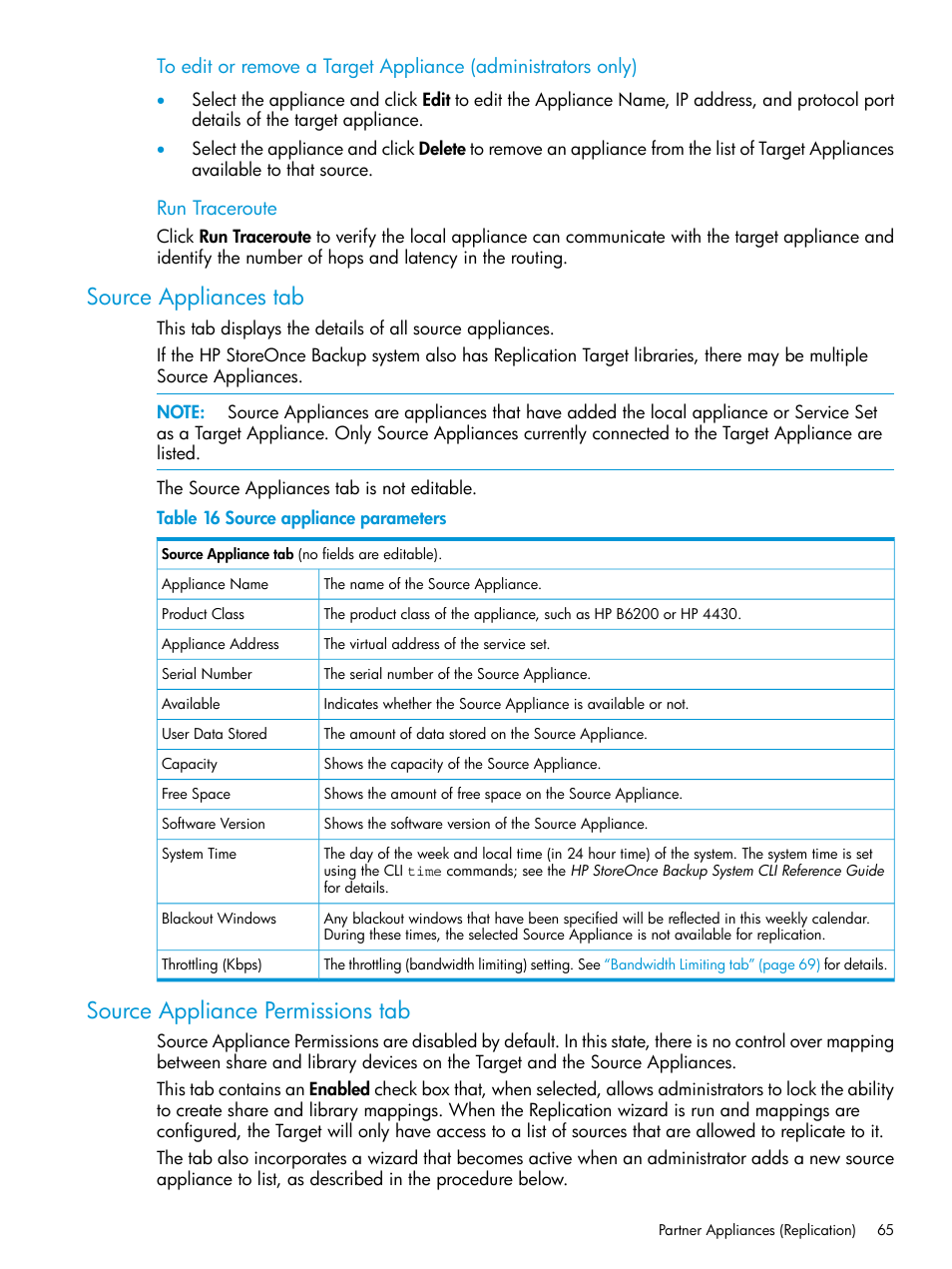 Source appliances tab, Source appliance permissions tab, Run traceroute | HP StoreOnce Backup User Manual | Page 65 / 220