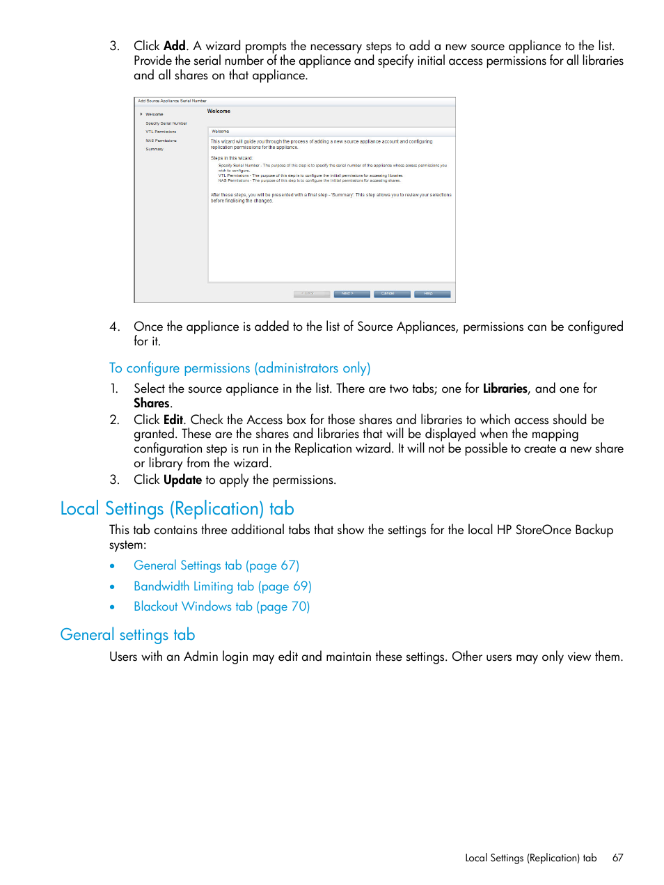 Local settings (replication) tab, General settings tab | HP StoreOnce Backup User Manual | Page 67 / 220