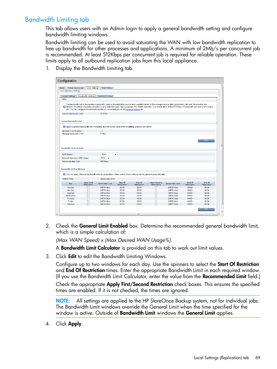 Bandwidth limiting tab | HP StoreOnce Backup User Manual | Page 69 / 220